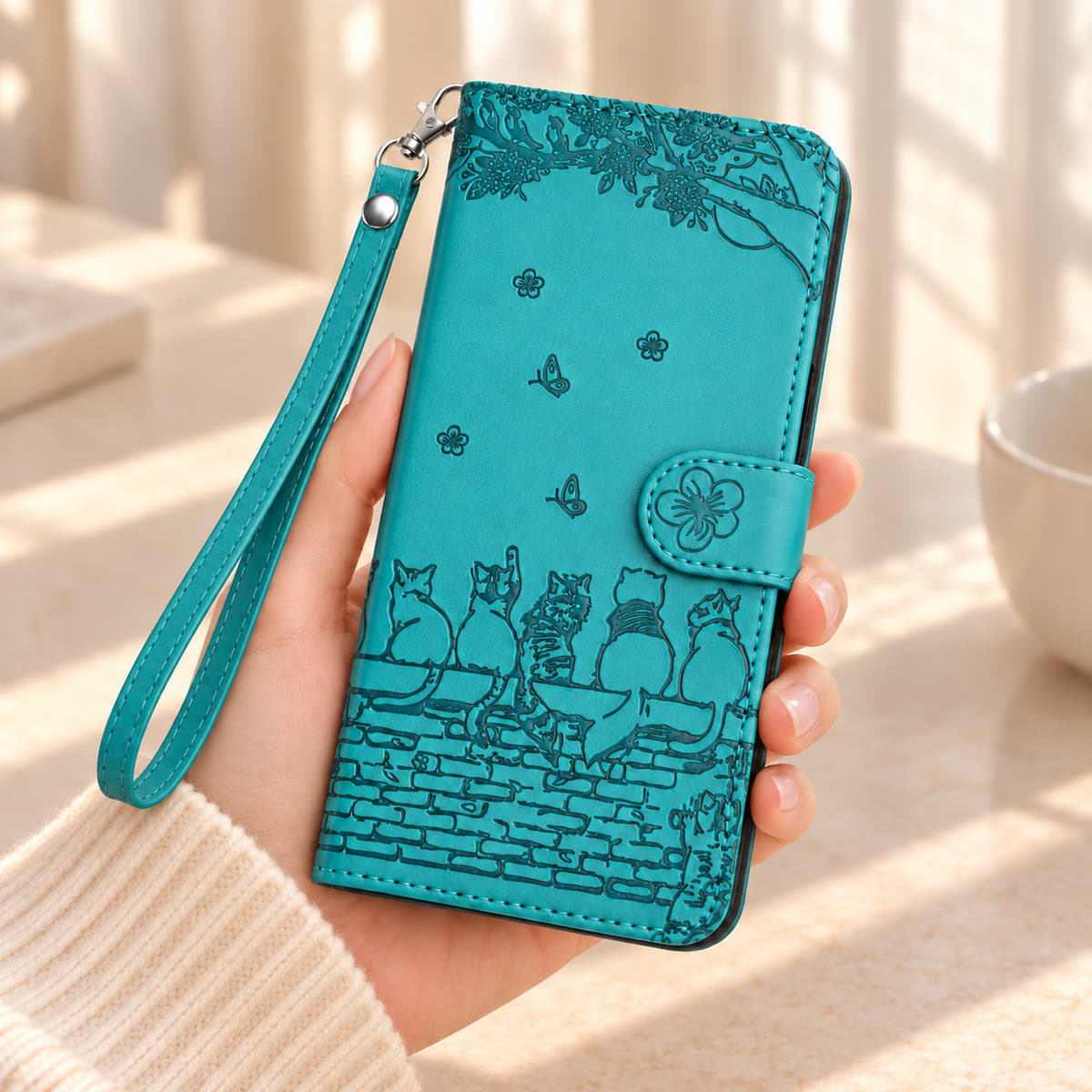 Turquoise Cat Garden wallet case held in one hand, showing its embossed cat scene and matching wrist strap.