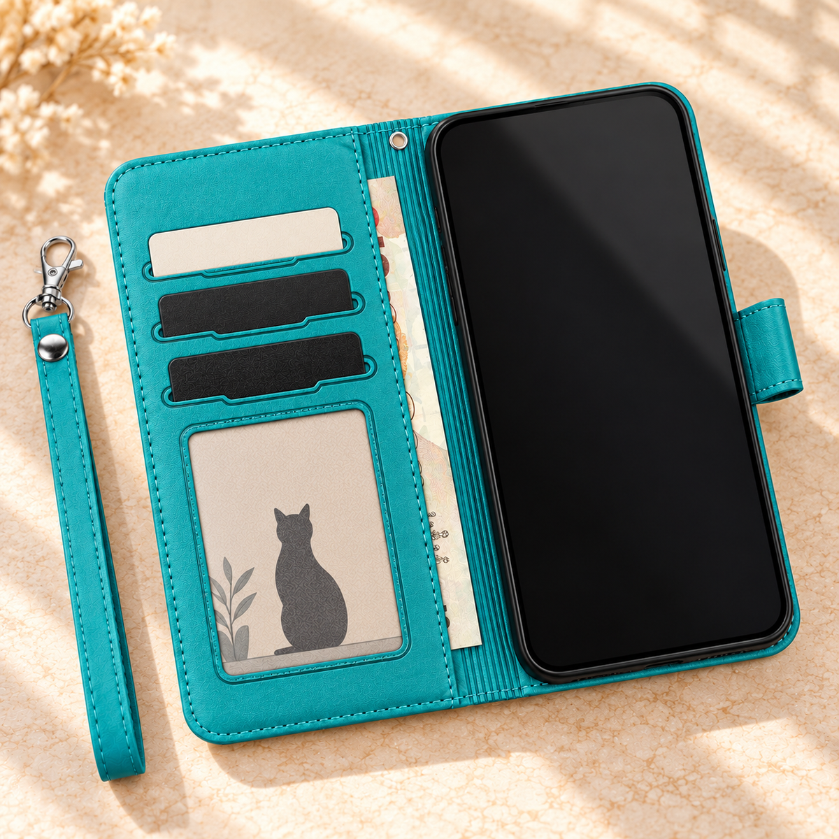 Turquoise Cat Garden wallet phone case opened to show three card slots, clear ID window, inner cash pocket and matching wrist strap.