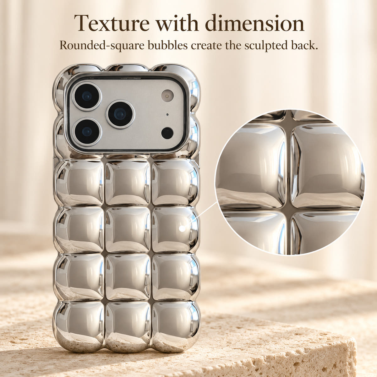 Dimensional rounded-square bubbles on the Chrome Bubble Bear case