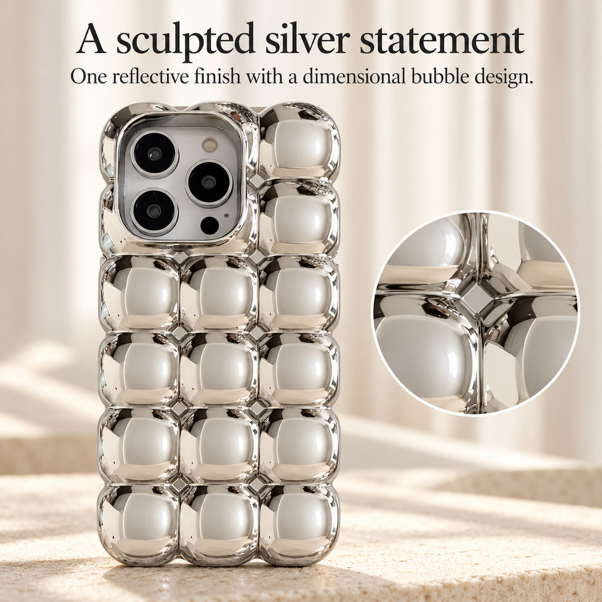 Silver chrome finish guide for the Bubble Bear iPhone case