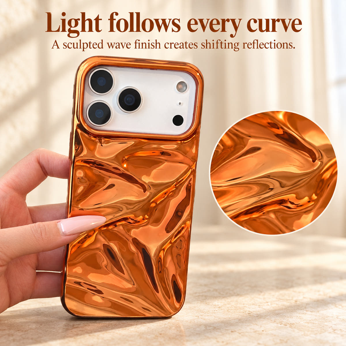 Reflective wave texture of the copper-orange Chrome Wave case