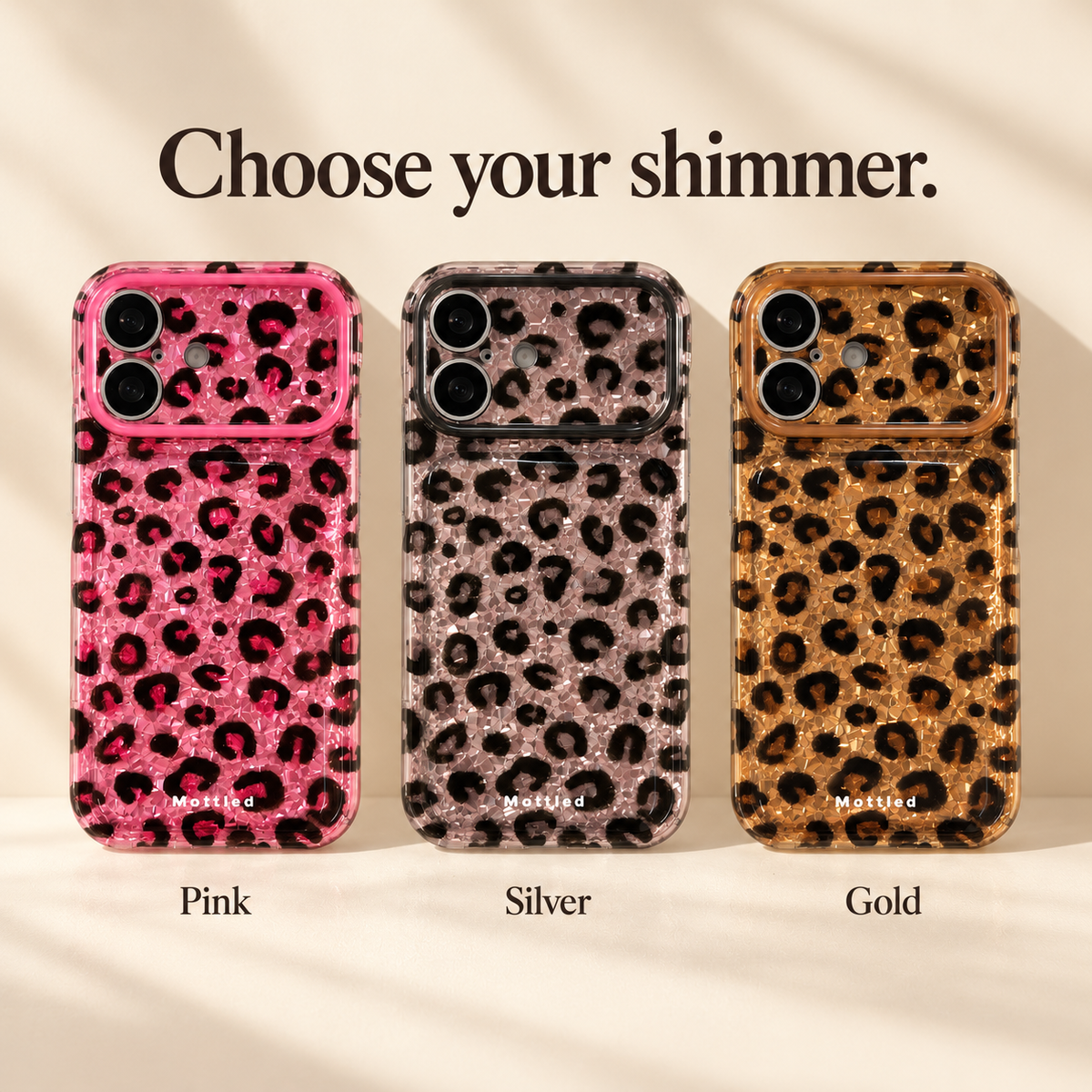 Glitter Leopard iPhone Case colour guide showing Pink, Silver and Gold