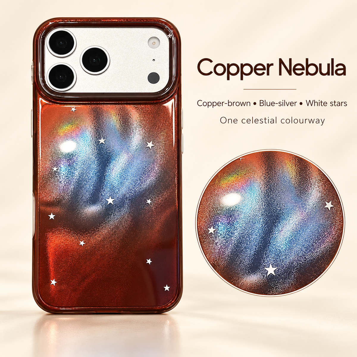 Copper Nebula colour guide showing the copper-brown, blue-silver and white star palette.
