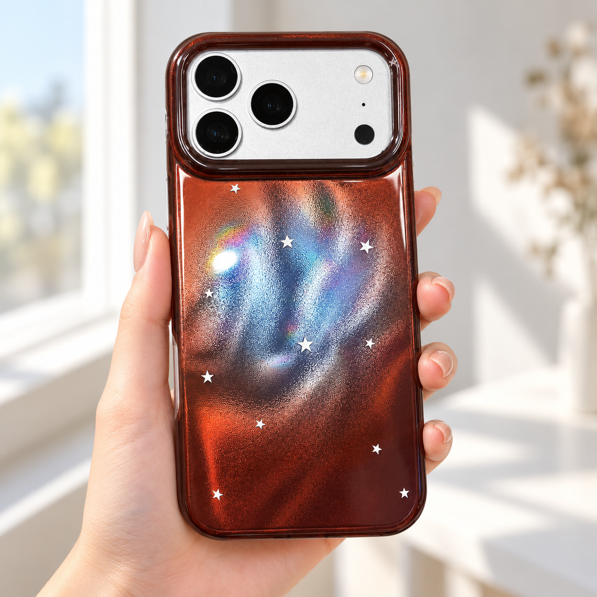 Copper Nebula Star case held near a window to show its reflective colour in daylight.