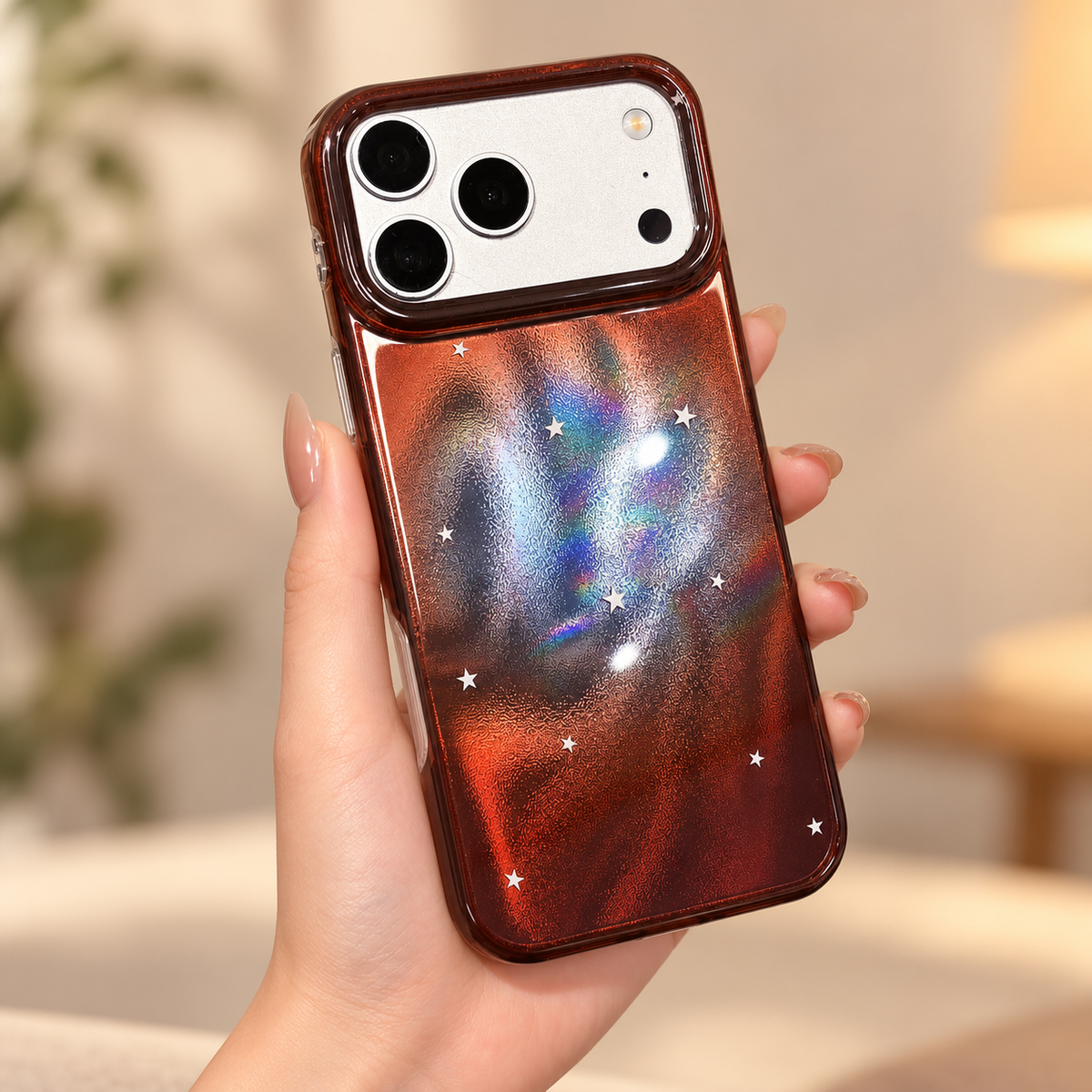 Copper Nebula Star case held in one hand to show its glossy back and clear side edge.