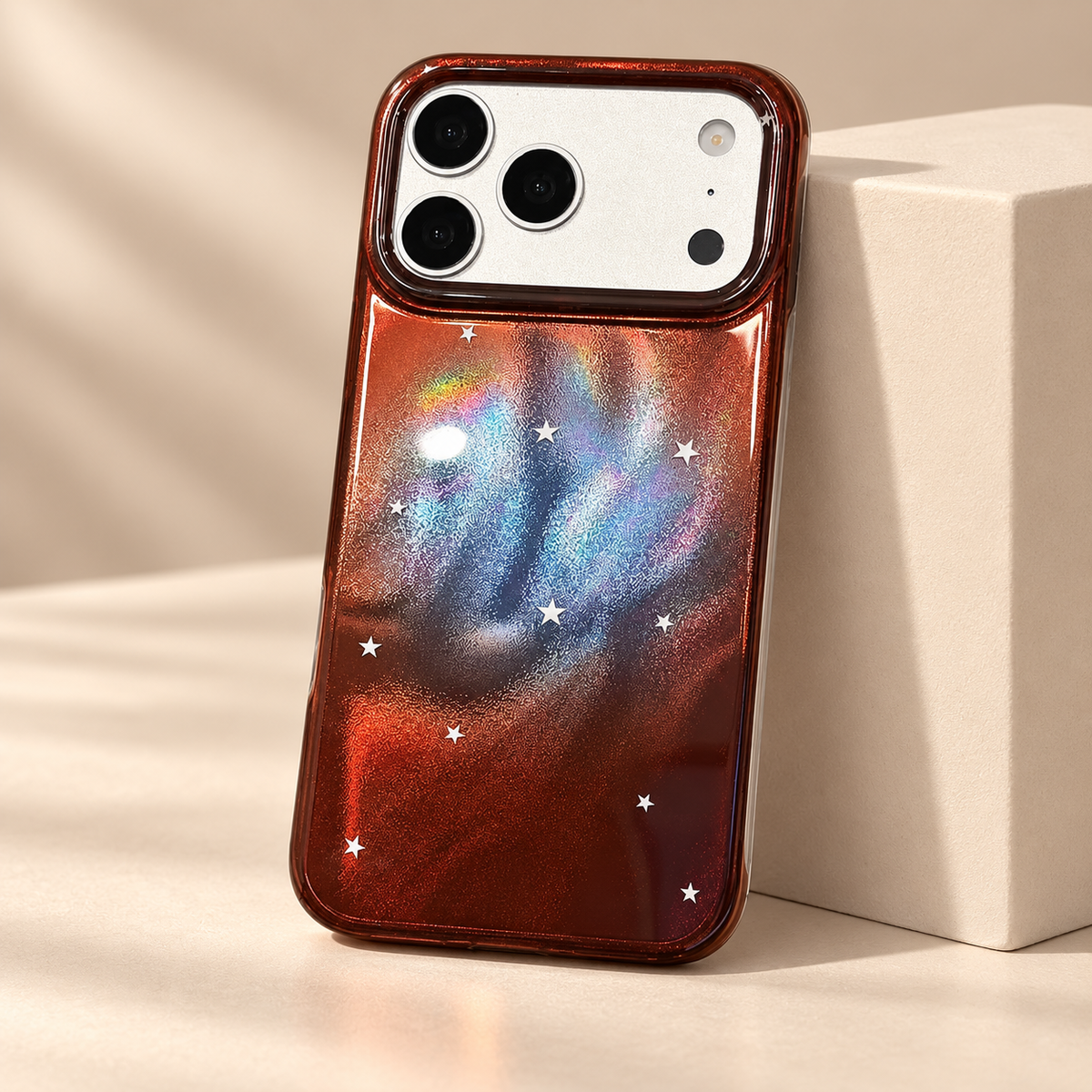 Angled view of the Copper Nebula Star case showing the rear finish and clear perimeter.