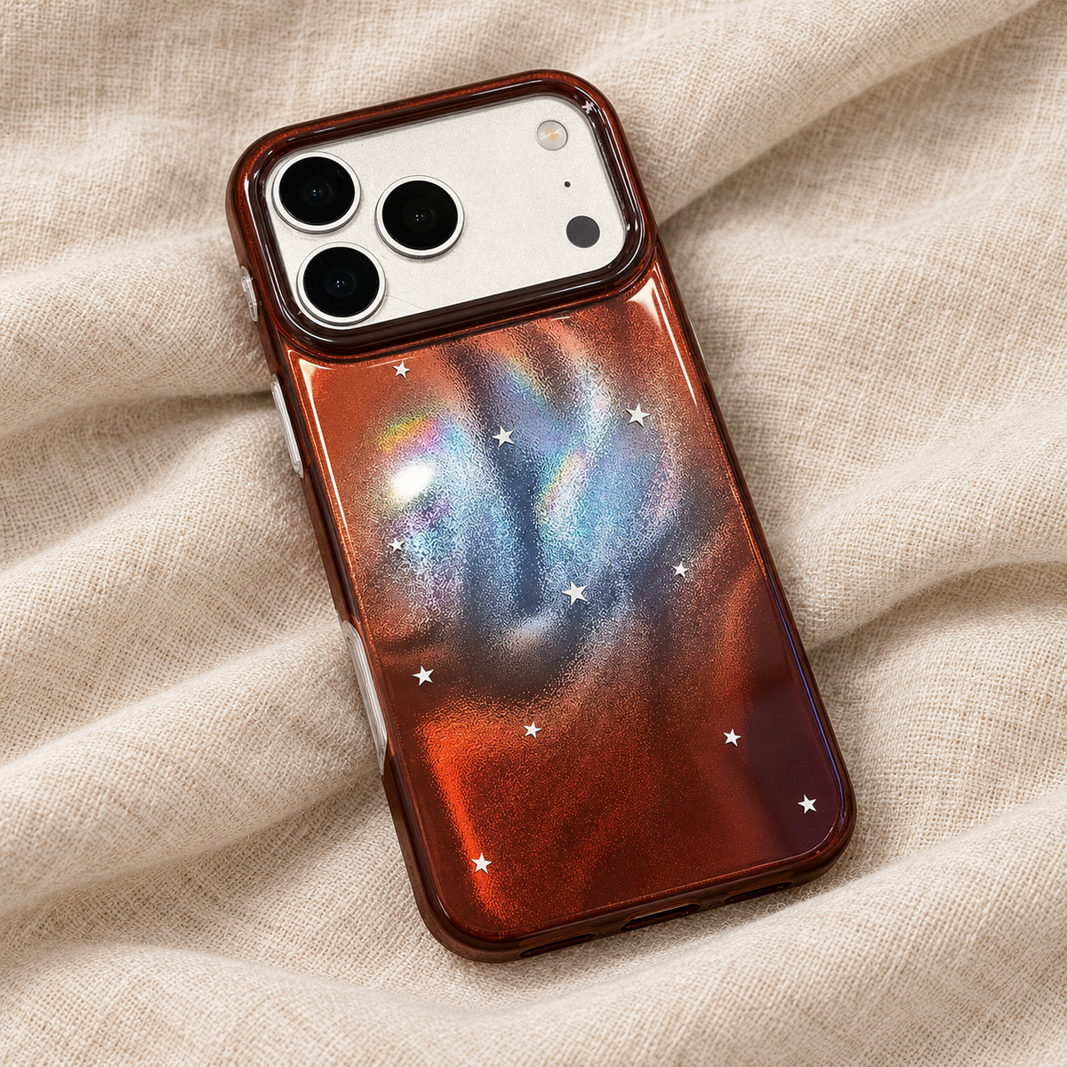 Copper Nebula Star case resting on oatmeal linen in soft daylight.