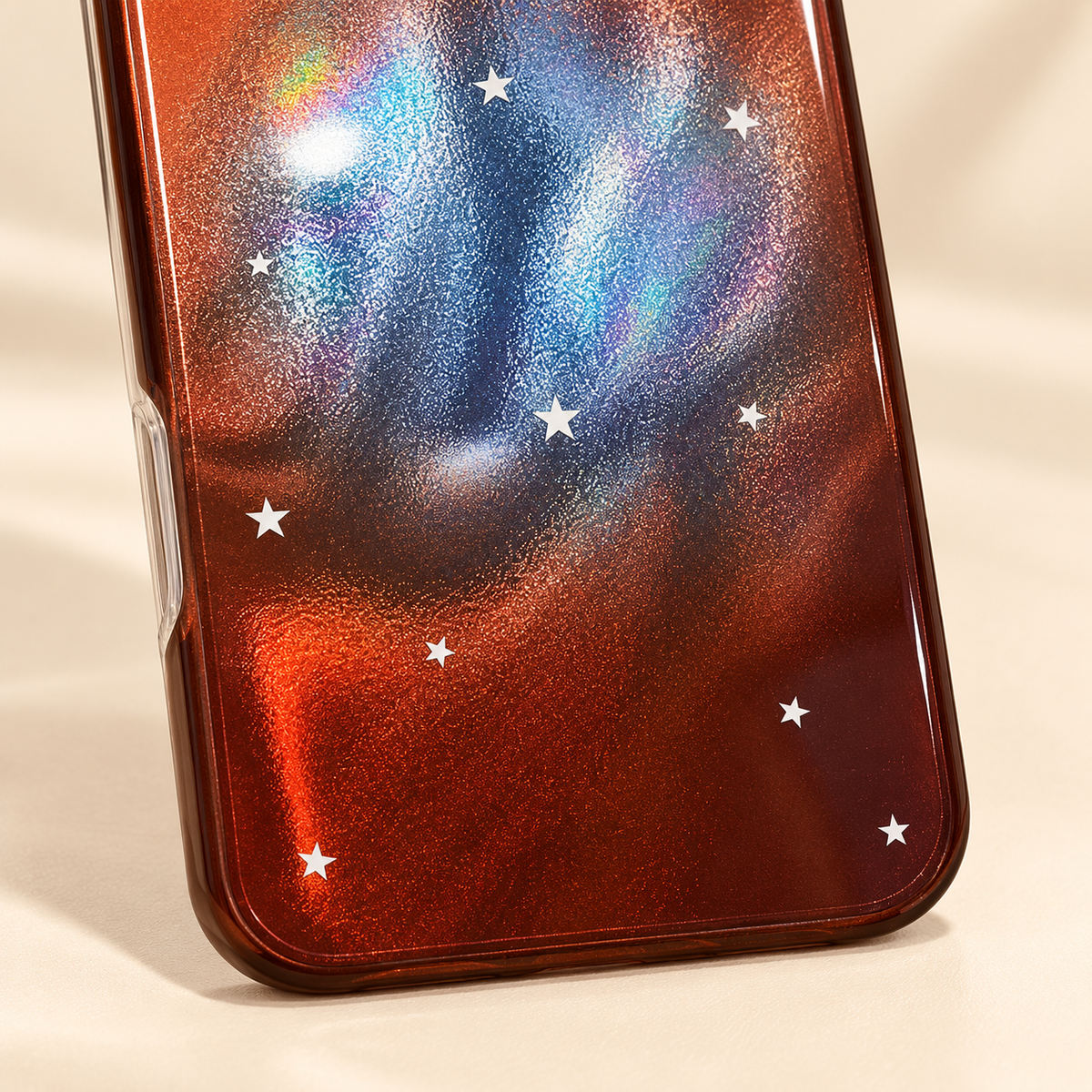 Lower rear detail showing copper shimmer, white stars and rounded corners.