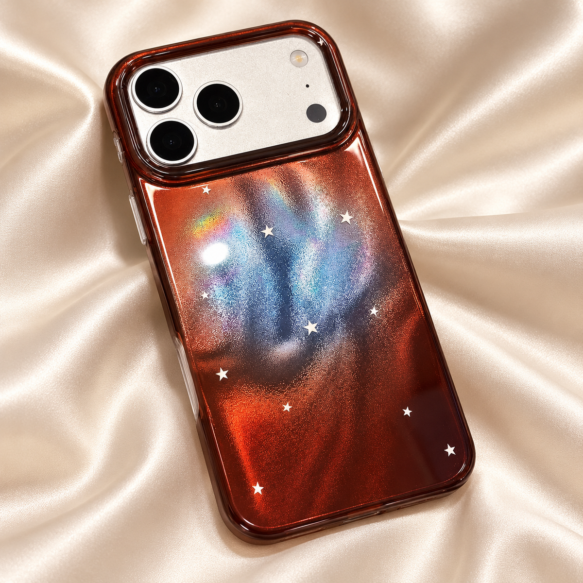 Copper Nebula Star case on ivory satin with warm studio highlights.