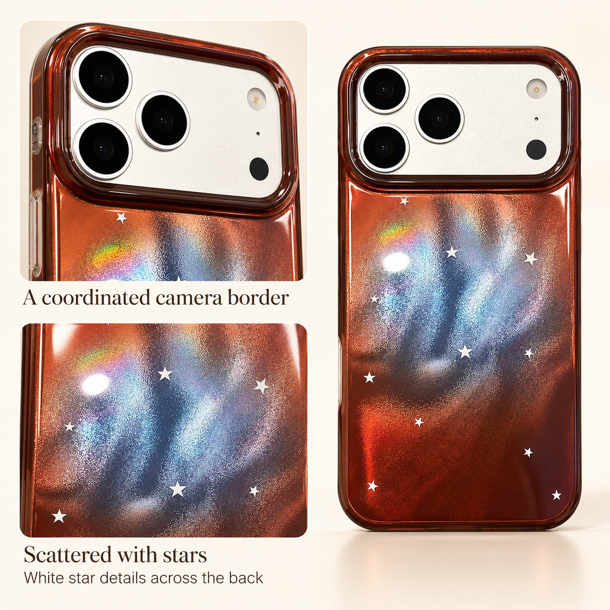White star design and coordinated camera border on the Copper Nebula iPhone Case.