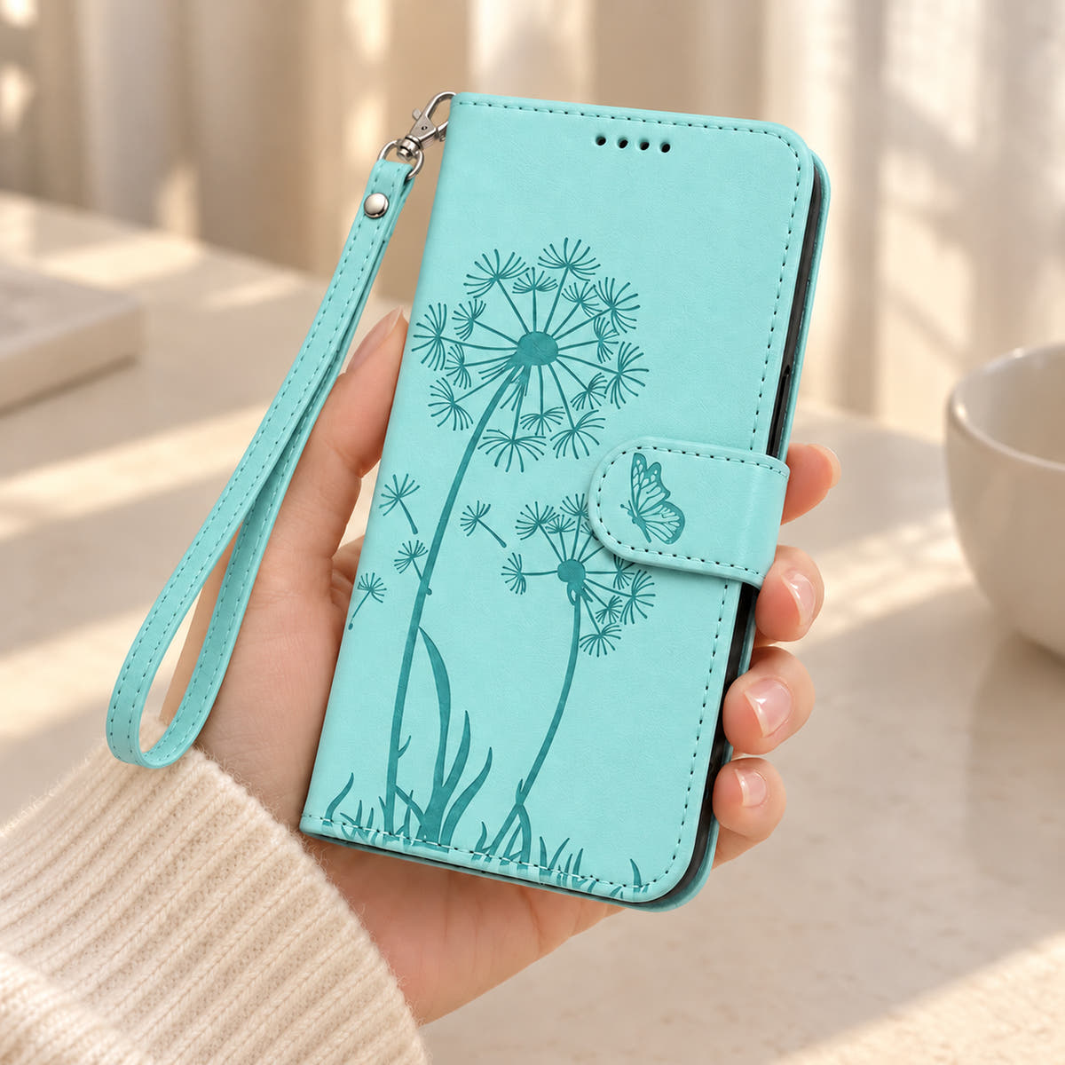Mint dandelion and butterfly wallet phone case held in one hand with a matching wrist strap.