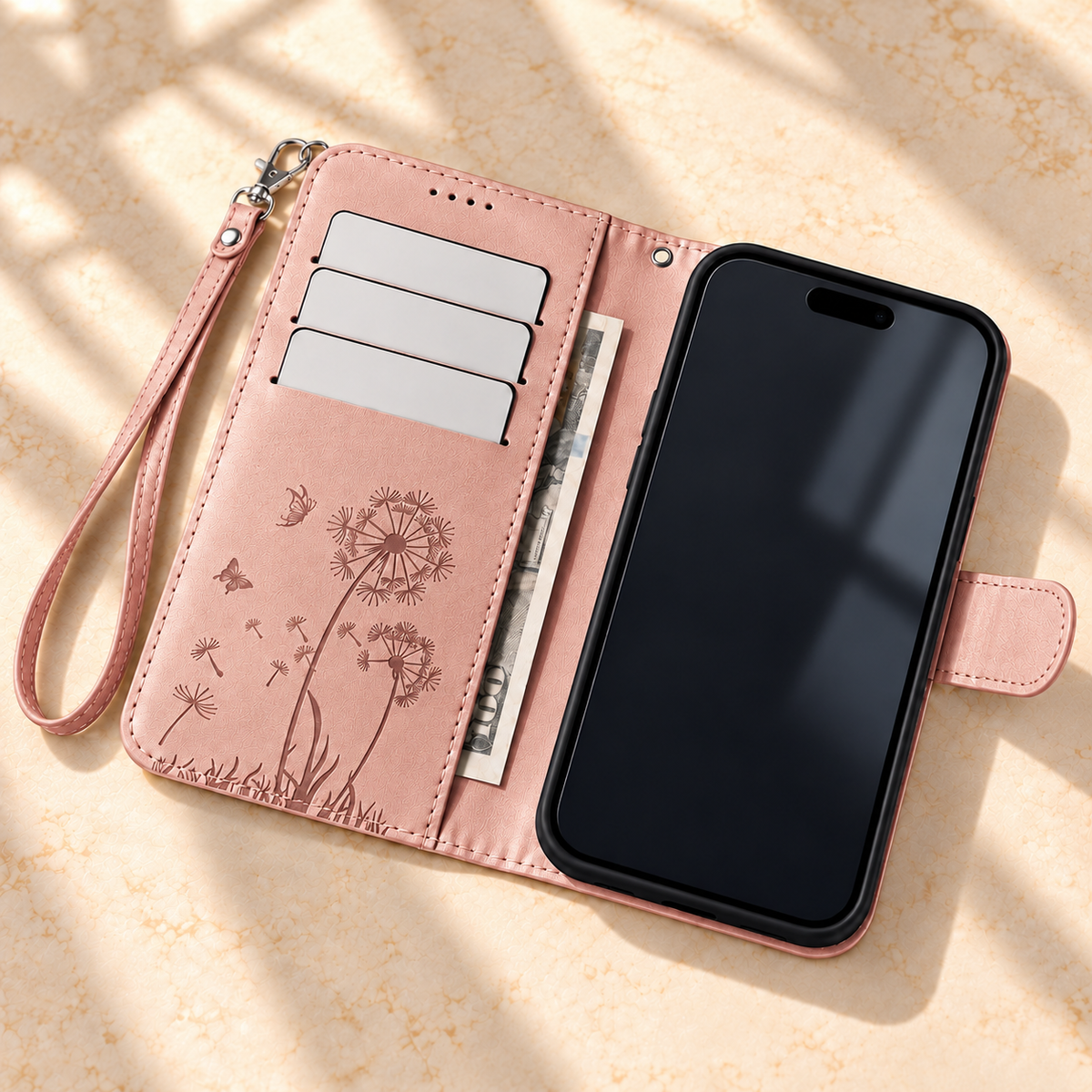 Rose Gold Dandelion and Butterfly wallet phone case open, showing three card slots and an inner cash pocket.