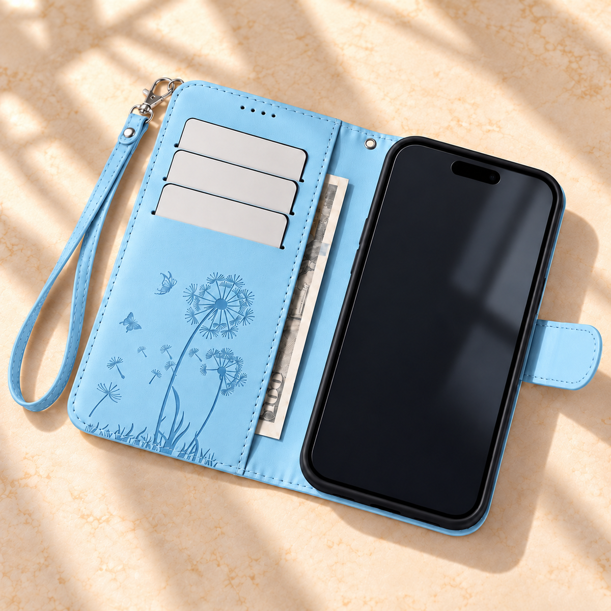 Sky Blue Dandelion and Butterfly wallet phone case open, showing three card slots and an inner cash pocket.