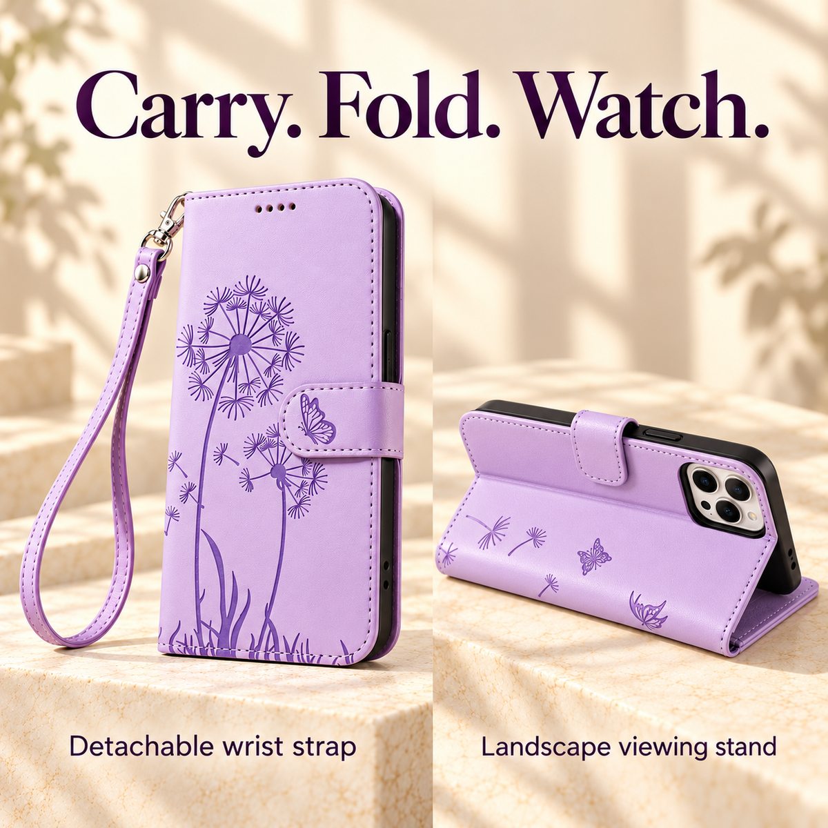 Dandelion and Butterfly wallet case guide showing the detachable wrist strap and landscape viewing stand.