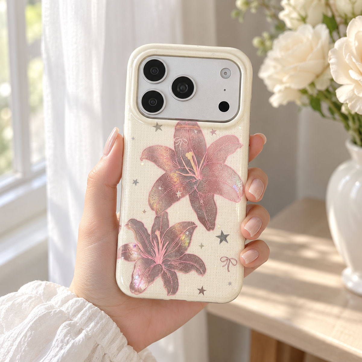 Blush Lily case held in soft window light to show its reflective floral finish.