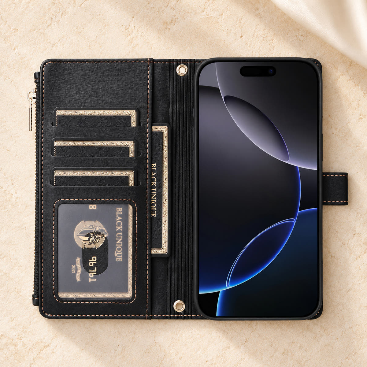 Elaris Crossbody iPhone wallet case in Black, open interior with card slots, ID window and slip pocket.