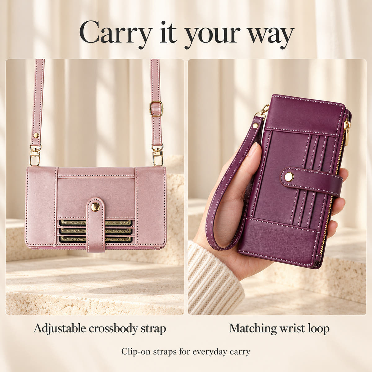 Elaris carry options with an adjustable clip-on crossbody strap and a separate matching wrist loop.