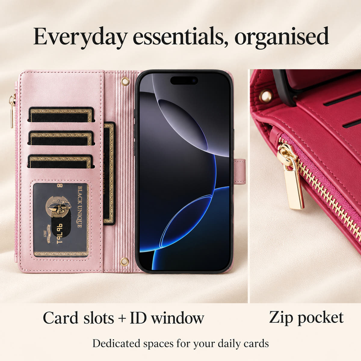 Elaris wallet storage features showing interior card slots and ID window, plus a close view of the zip pocket.
