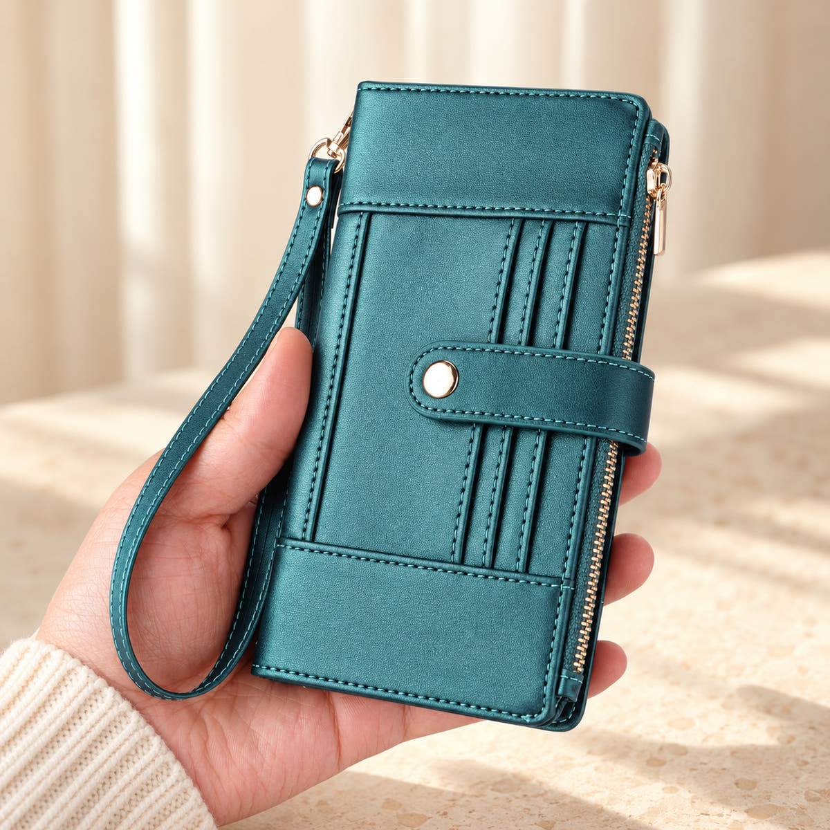 Elaris Crossbody iPhone wallet case in Forest Green, closed handheld view with wrist loop.
