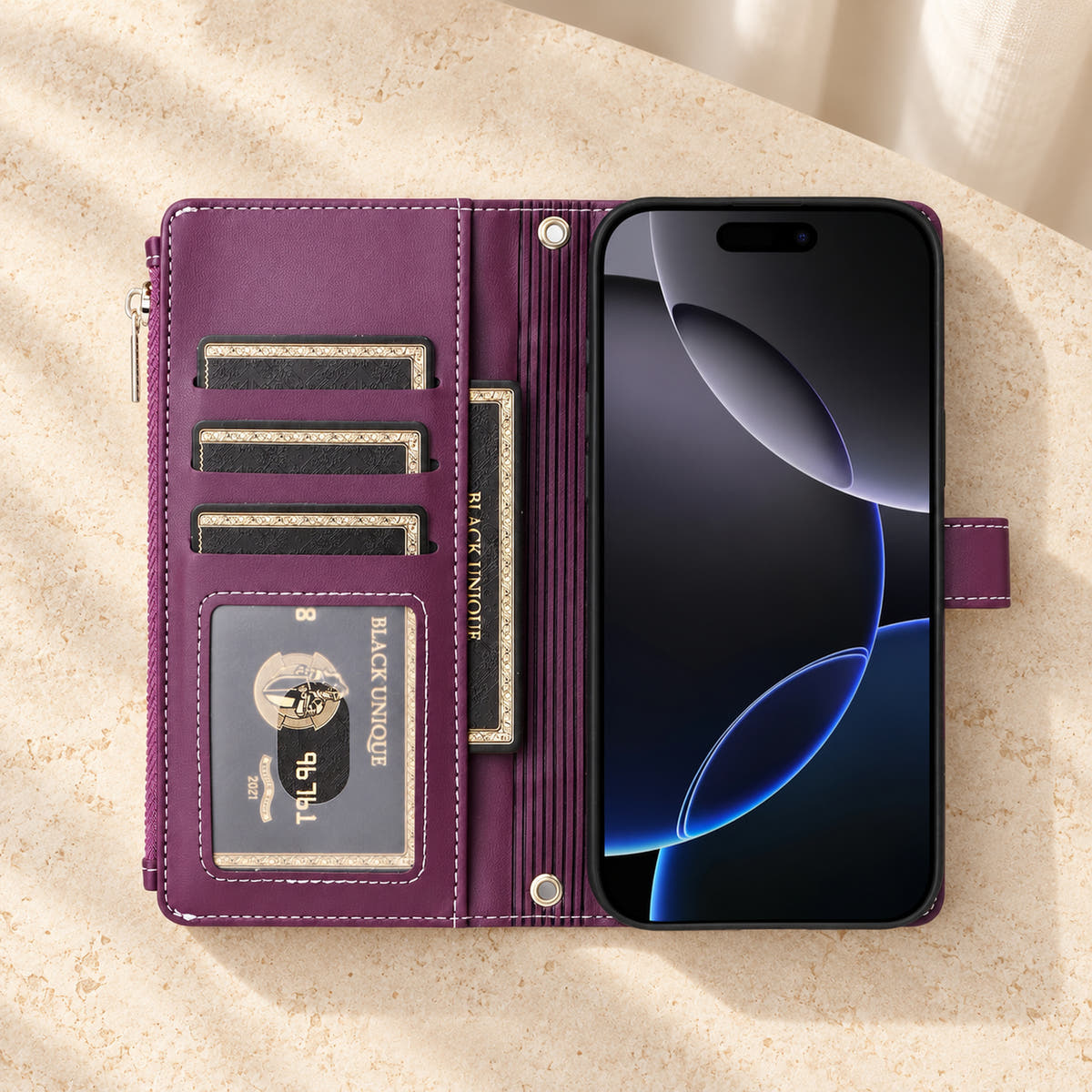 Elaris Crossbody iPhone wallet case in Purple, open interior with card slots, ID window and slip pocket.