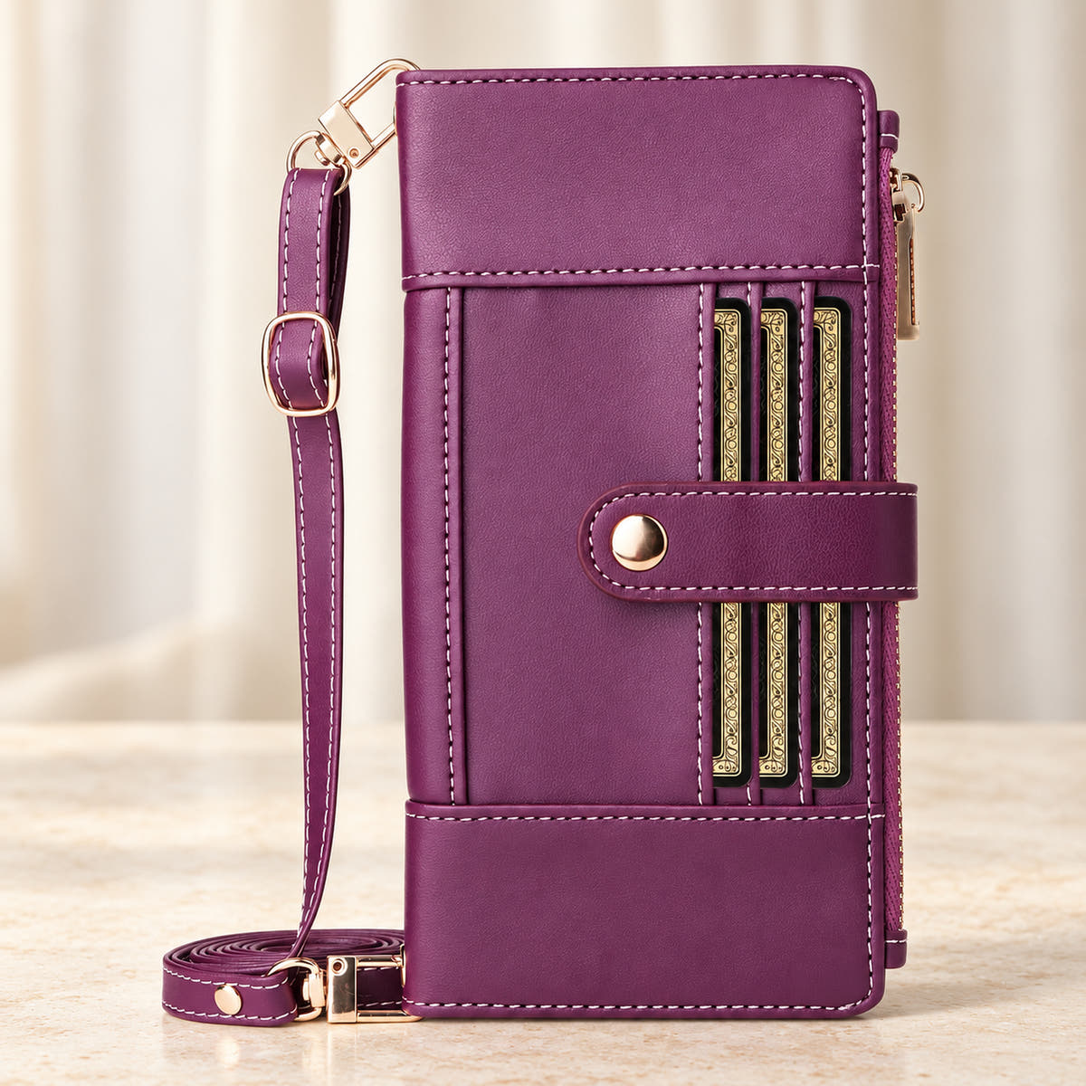 Elaris Crossbody iPhone wallet case in Purple, closed front view with adjustable strap.