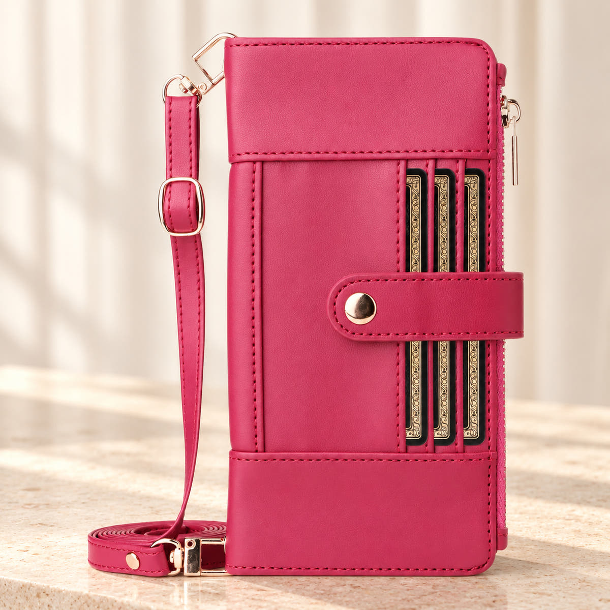 Elaris Crossbody iPhone wallet case in Red, closed front view with adjustable strap.