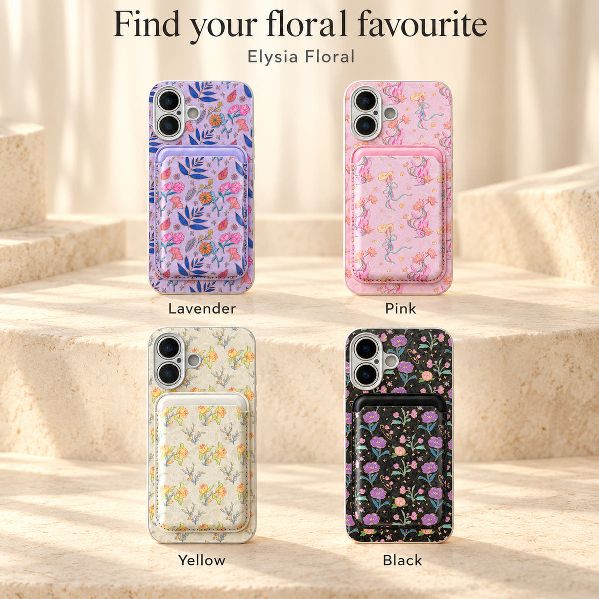 Elysia Floral colour guide showing the Lavender, Pink, Yellow and Black case-and-wallet designs.