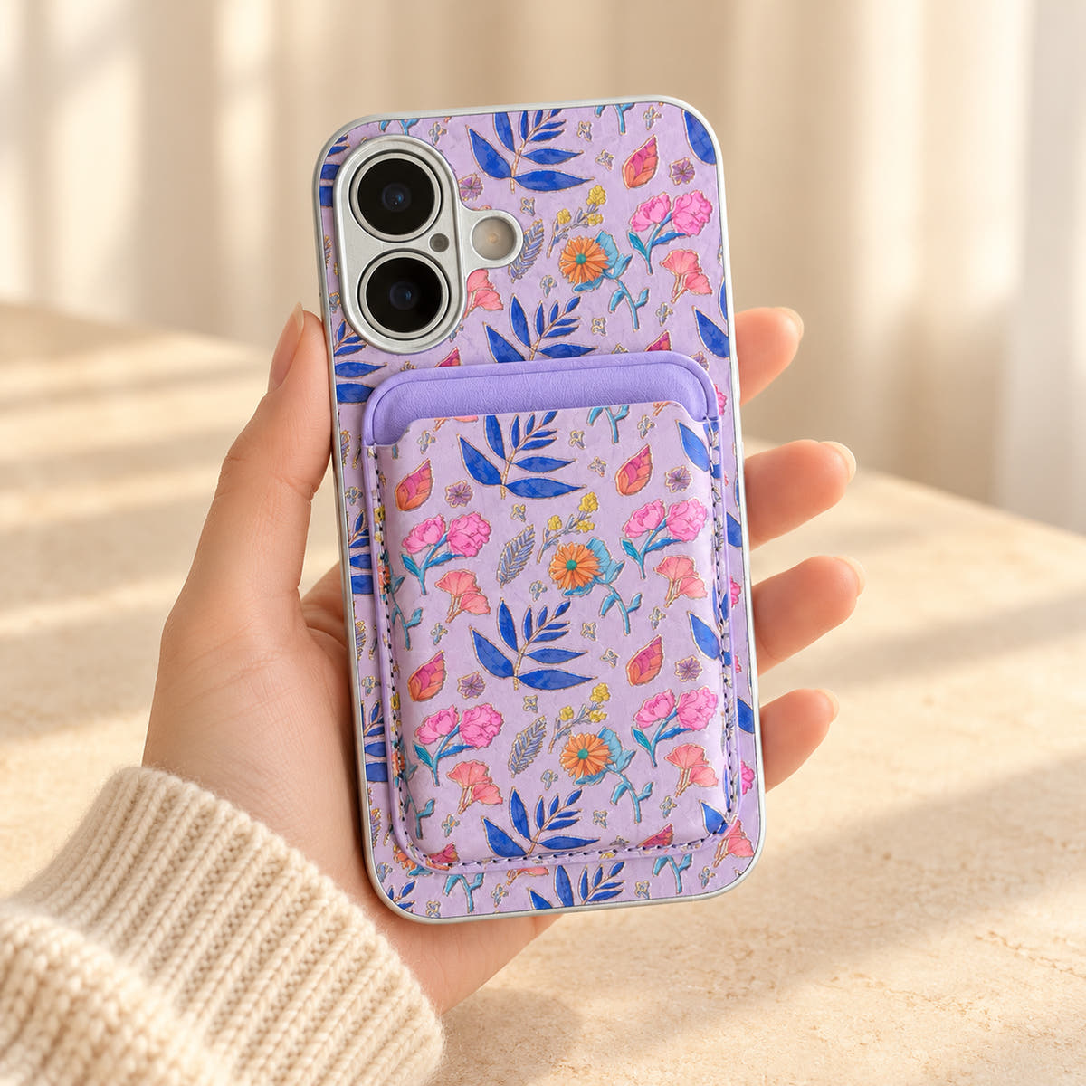 Lavender Elysia Floral iPhone case held in a cream-sleeved hand with its matching card wallet attached.