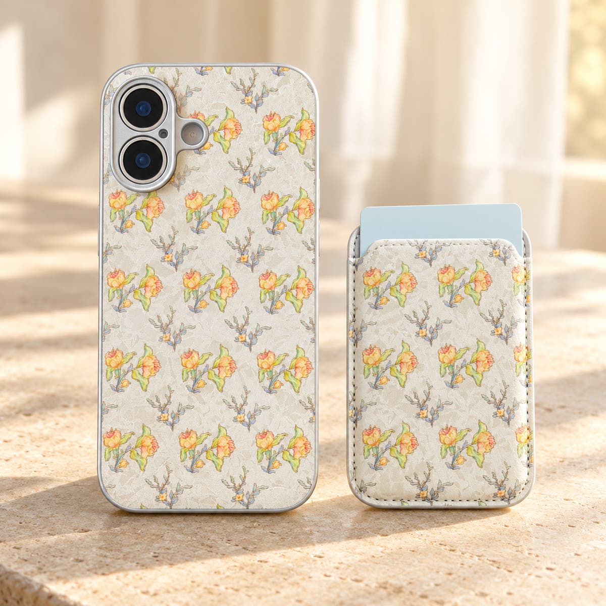 Yellow Elysia Floral case beside its detached matching card wallet, showing the floral design on both pieces.