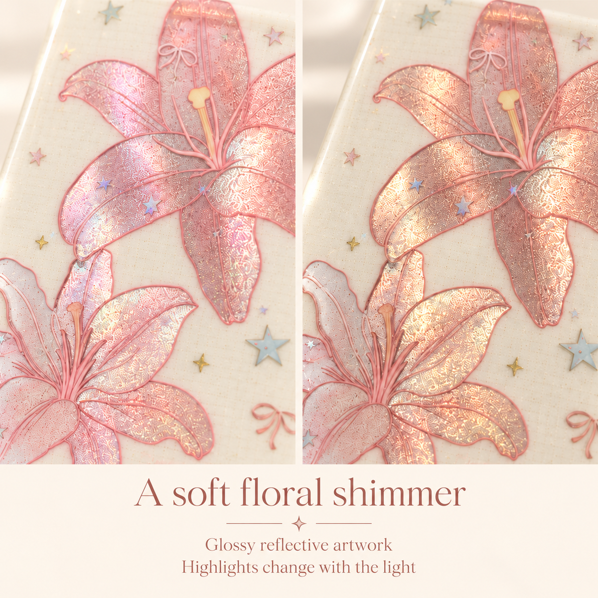 Blush Lily finish panel showing the reflective pink artwork in soft light