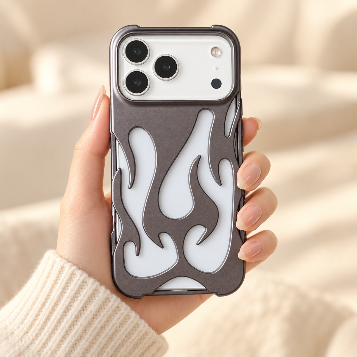 Flame Contrast iPhone Case in Metallic and Black Finishes — Gunmetal, handheld