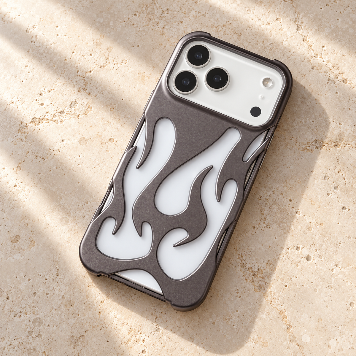 Flame Contrast iPhone Case in Metallic and Black Finishes — Gunmetal, tabletop