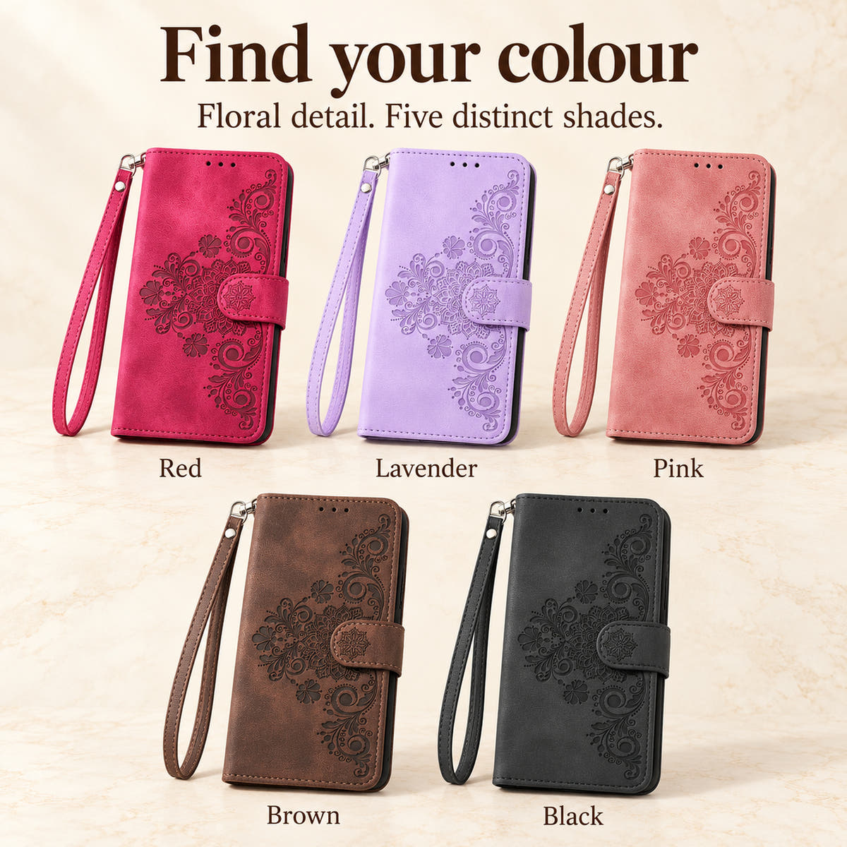 Floral embossed flip wallet case colour guide showing Red, Lavender, Pink, Brown and Black with matching wrist straps