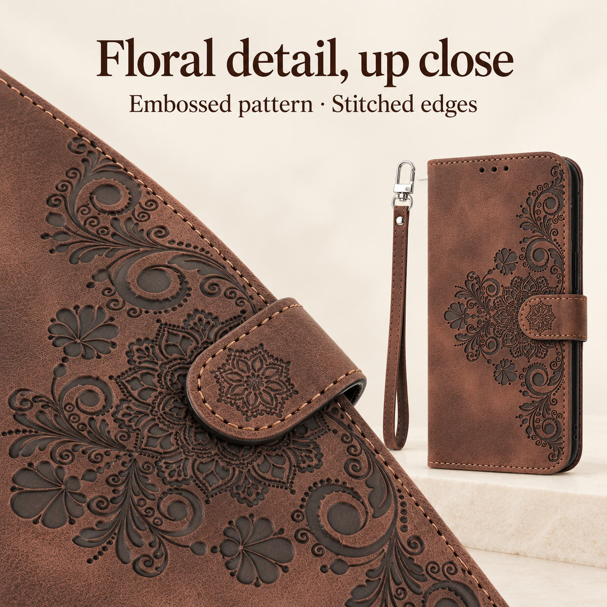 Close-up feature image of floral embossing and stitched finish on the Brown floral flip wallet case