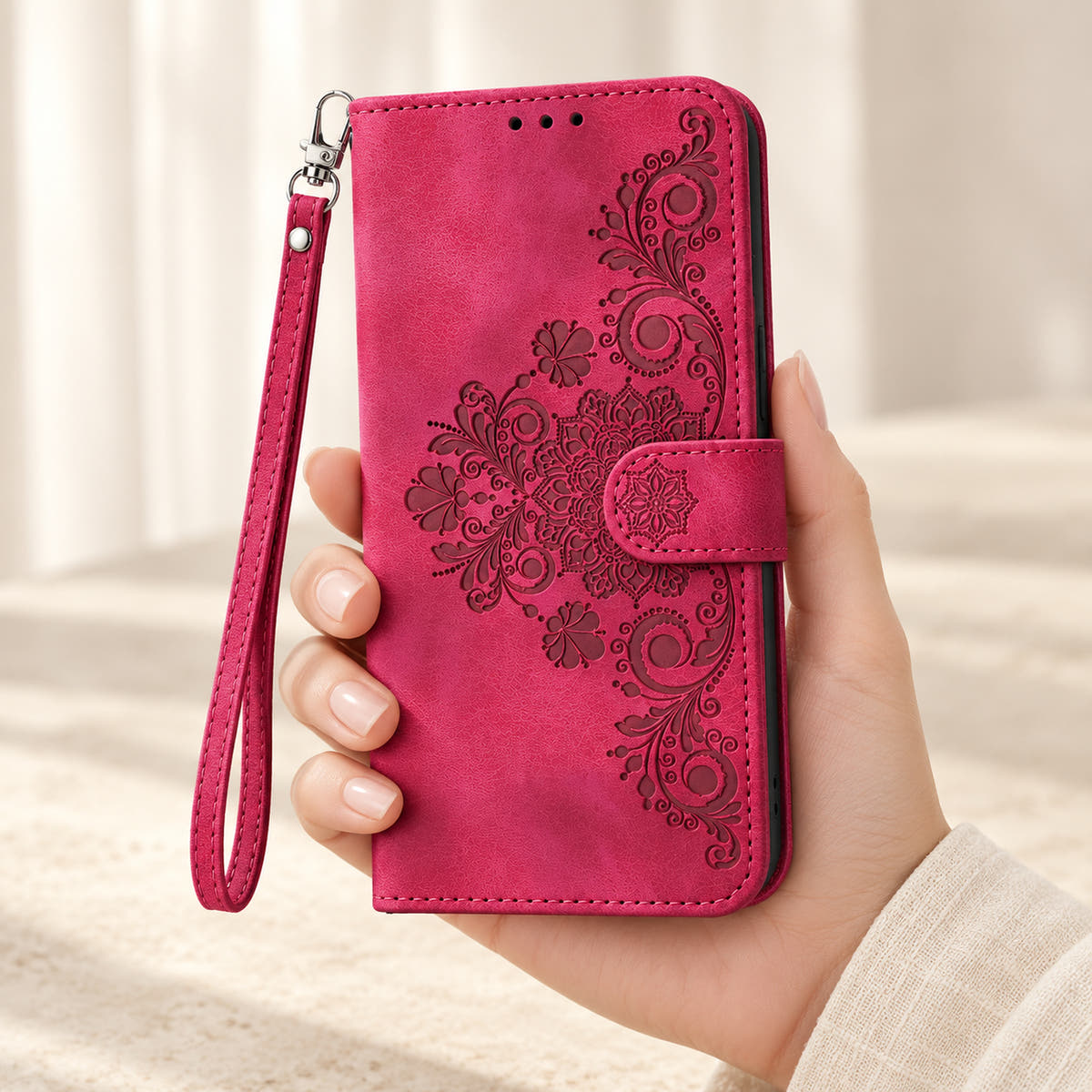 Floral embossed iPhone flip wallet case in Red — closed front held in hand with matching wrist strap