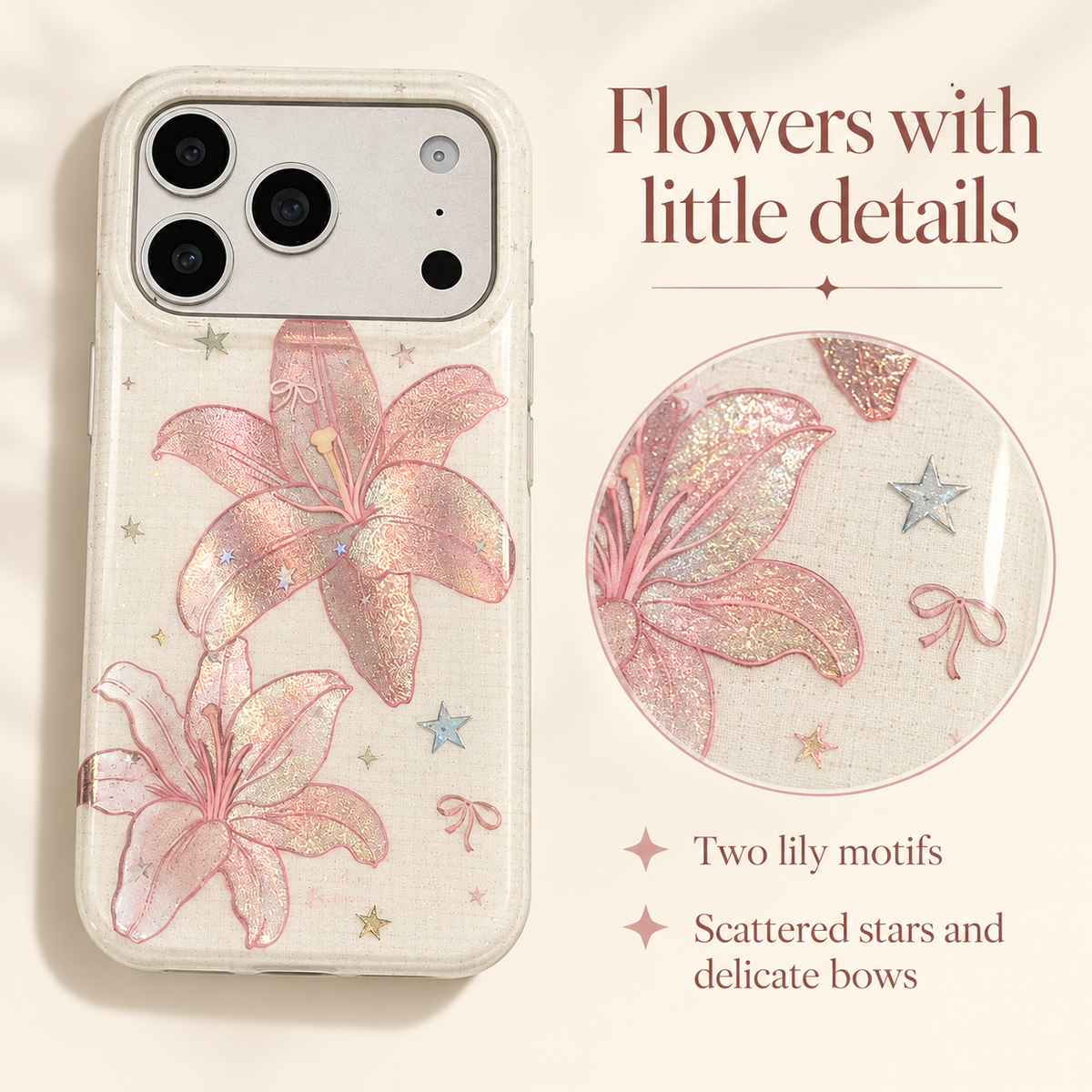 Blush Lily design panel showing the two floral motifs, stars and small bow accents.