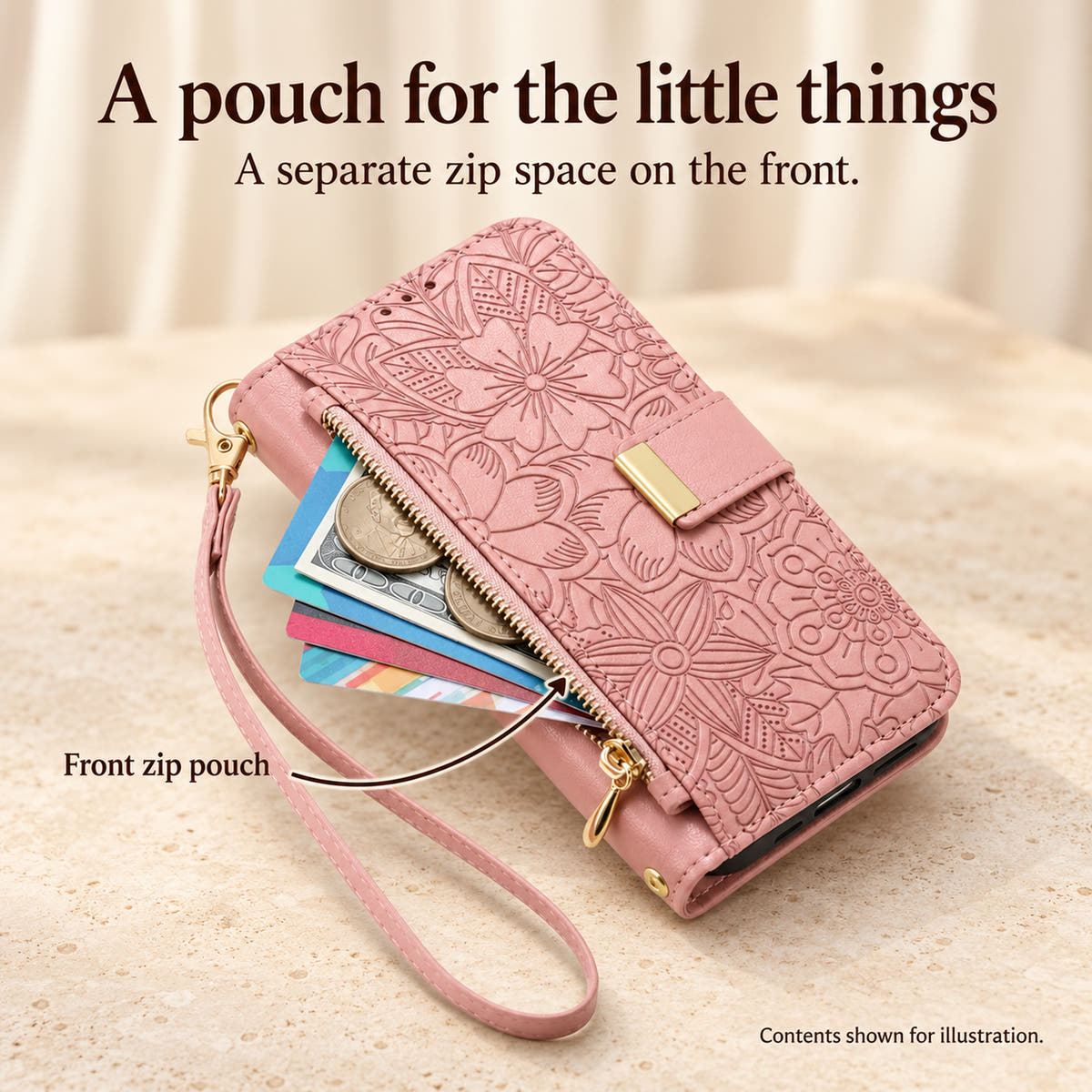 Pink embossed floral phone wallet feature image highlighting the separate front zip pouch for small essentials
