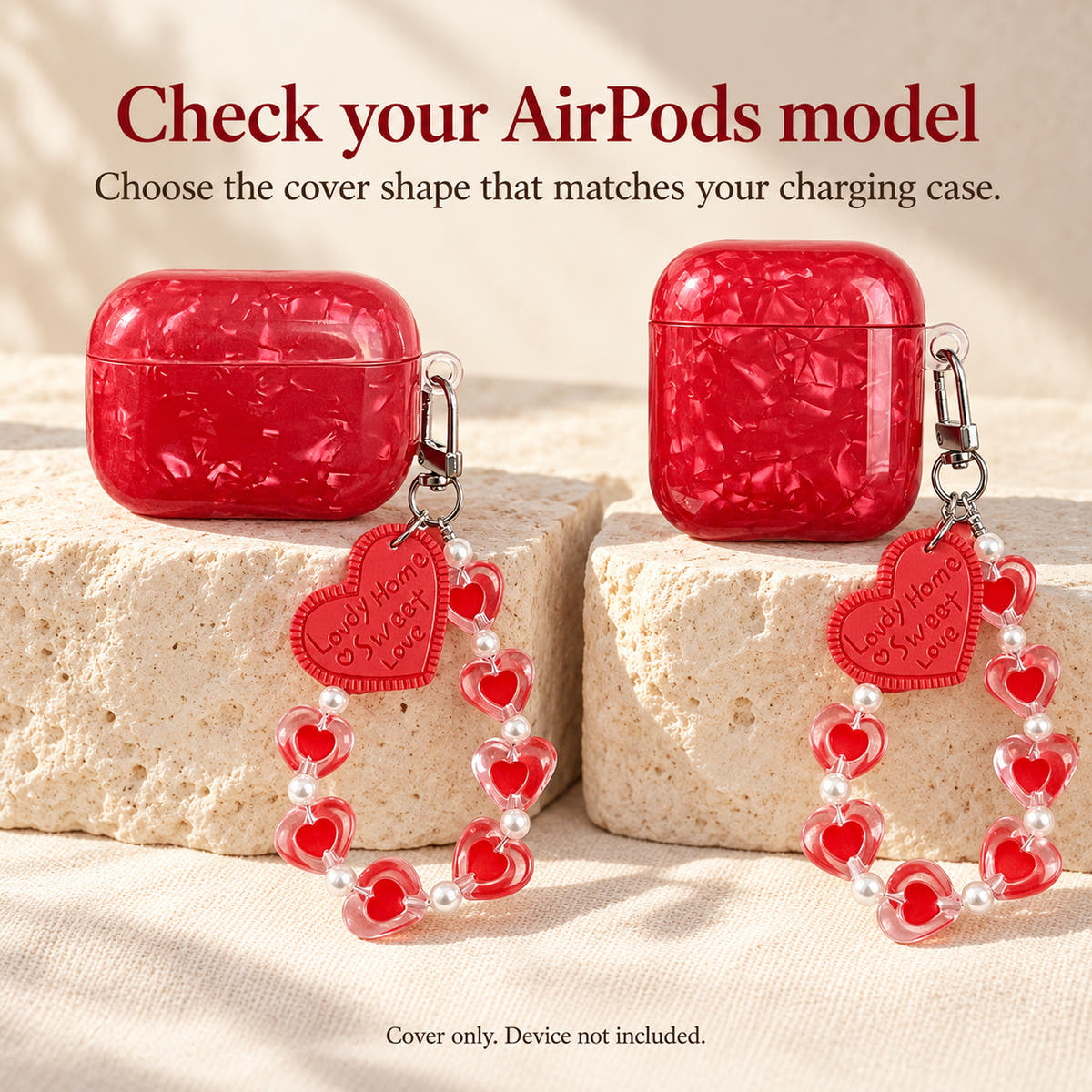 Garnet Marble AirPods case — fit reminder with glossy red finish and heart-bead charm strap
