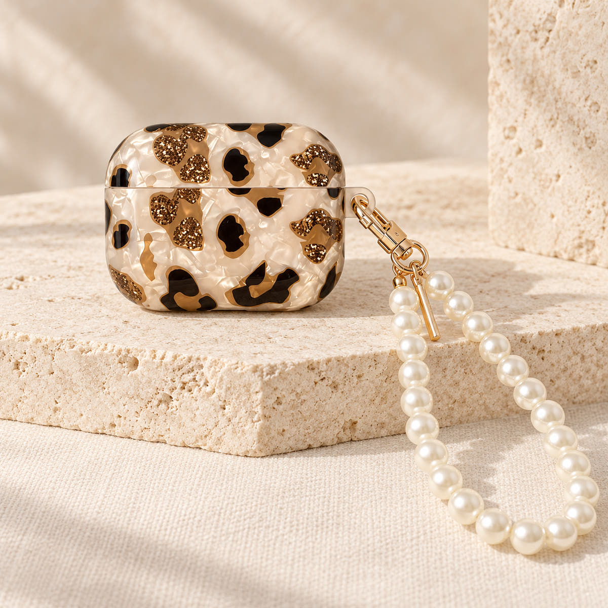 Gilded Leopard Heart AirPods case Design #1 — closed front showing its pearl-style wrist loop