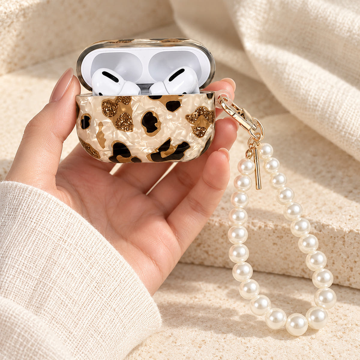 Gilded Leopard Heart AirPods case Design #1 — handheld showing its pearl-style wrist loop
