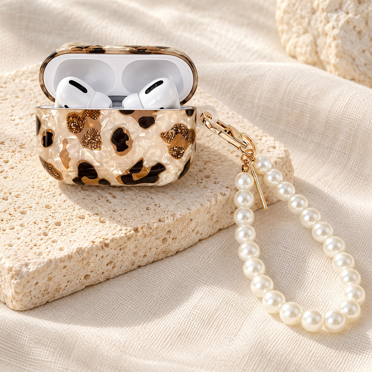 Gilded Leopard Heart AirPods case Design #1 — tabletop showing its pearl-style wrist loop