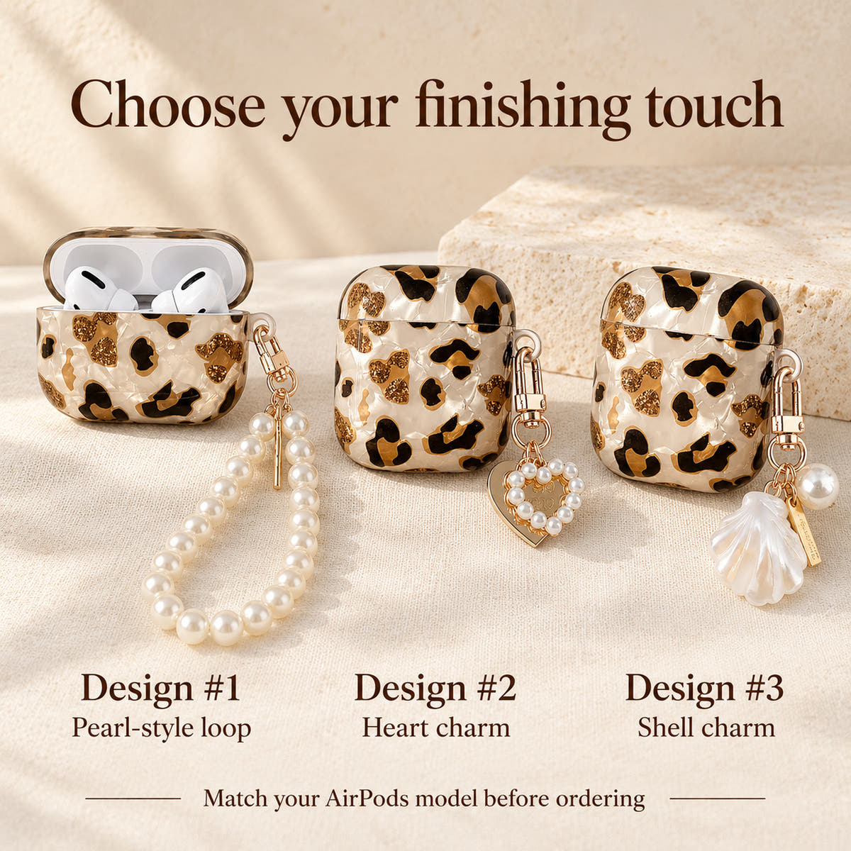 Gilded Leopard Heart AirPods design guide: Design #1 pearl-style loop, Design #2 heart charm and Design #3 shell charm
