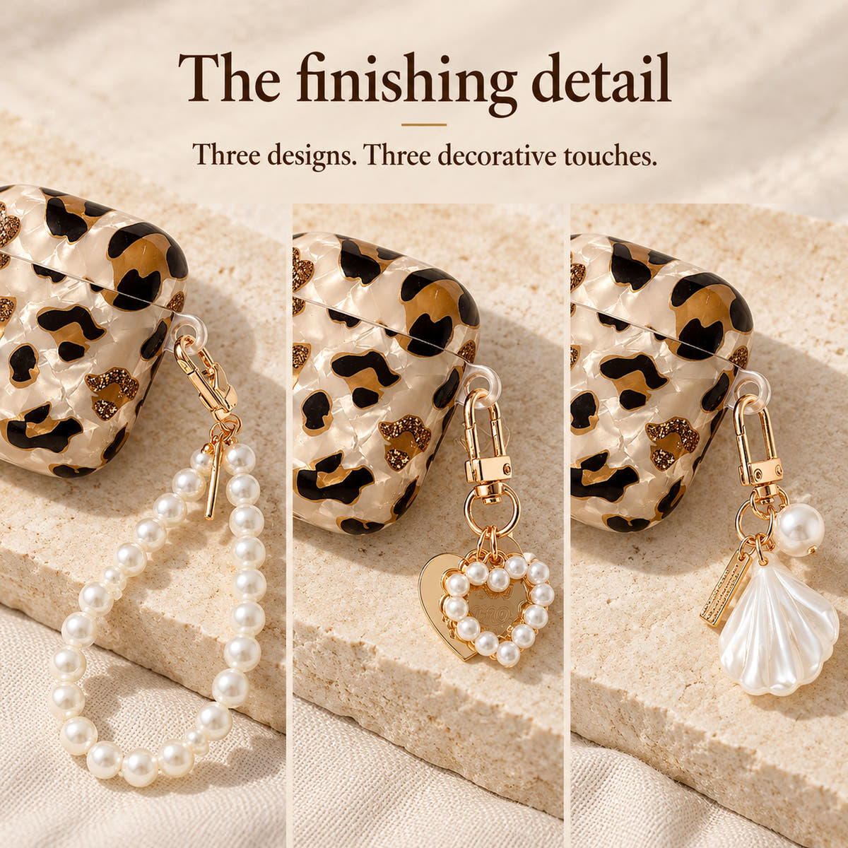 Three Gilded Leopard Heart AirPods decorative accessories with their original attachment clasps