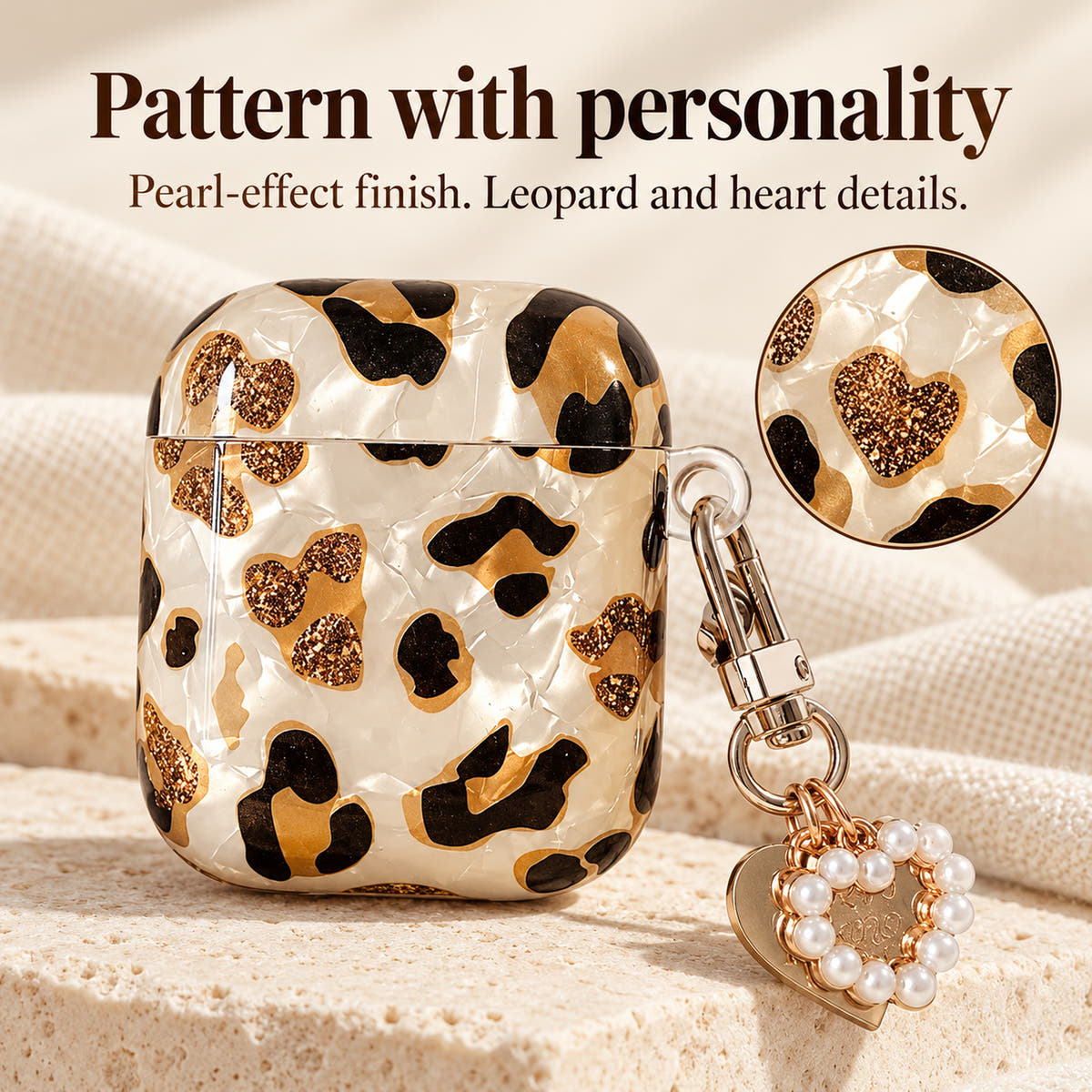 Gilded Leopard Heart AirPods case pearl-effect glossy finish with leopard and heart details