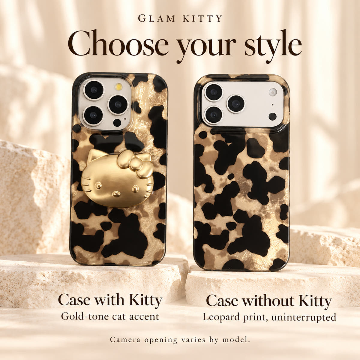 Glam Kitty style guide comparing Case with Kitty and Case without Kitty, with a note that camera openings vary by model.