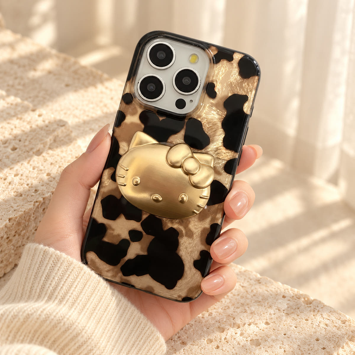 Glam Kitty case with kitty held at a gentle angle, showing the patterned rear and original edge profile.