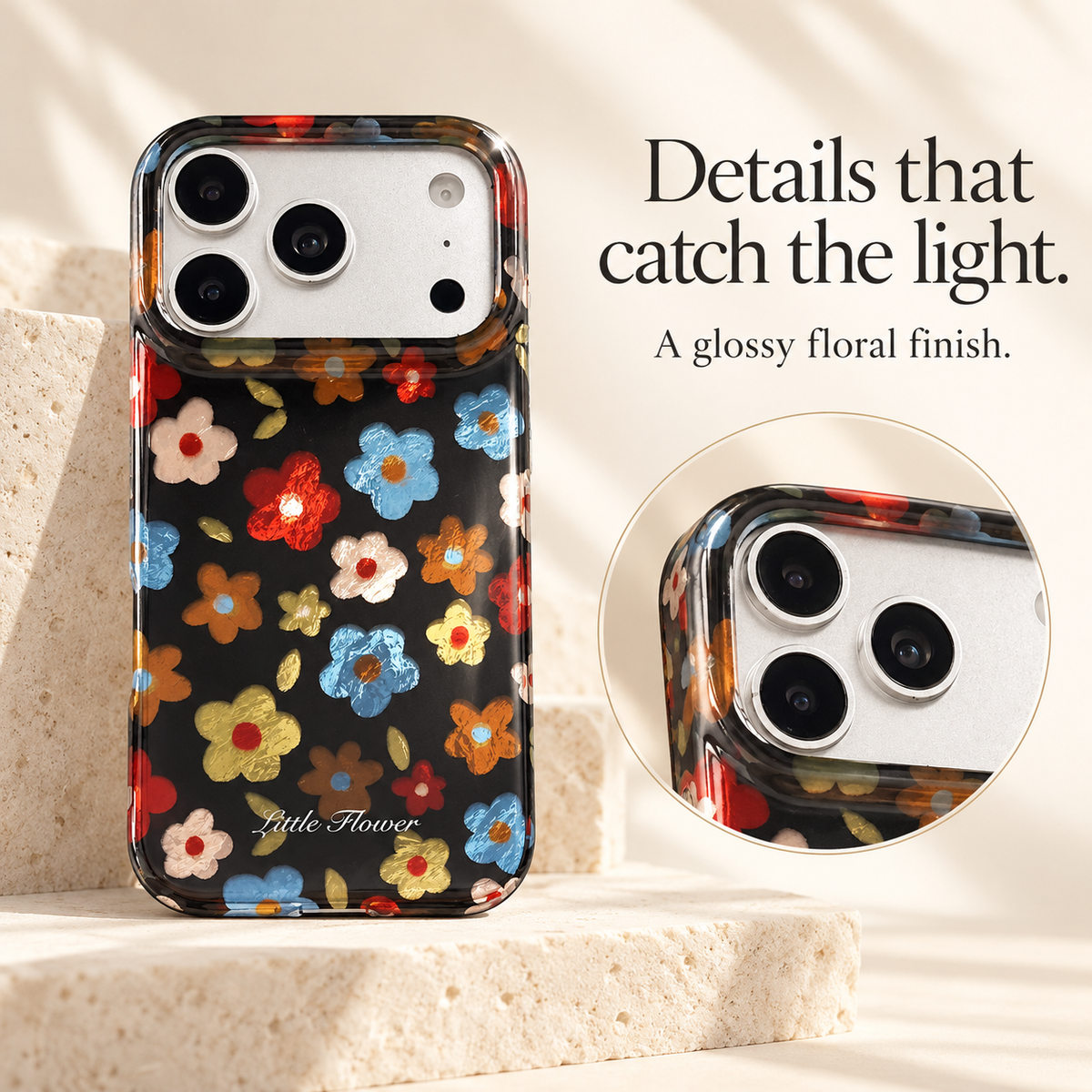 Retro Daisy Floral iPhone Case in Cream or Black — shared guide, reflective detail