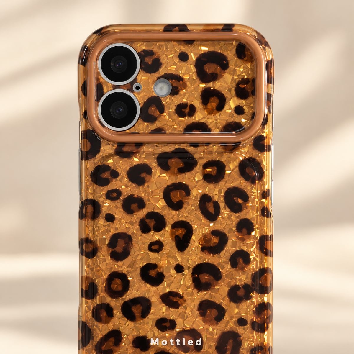 Glitter Leopard iPhone Case in Gold — decorated camera surround detail