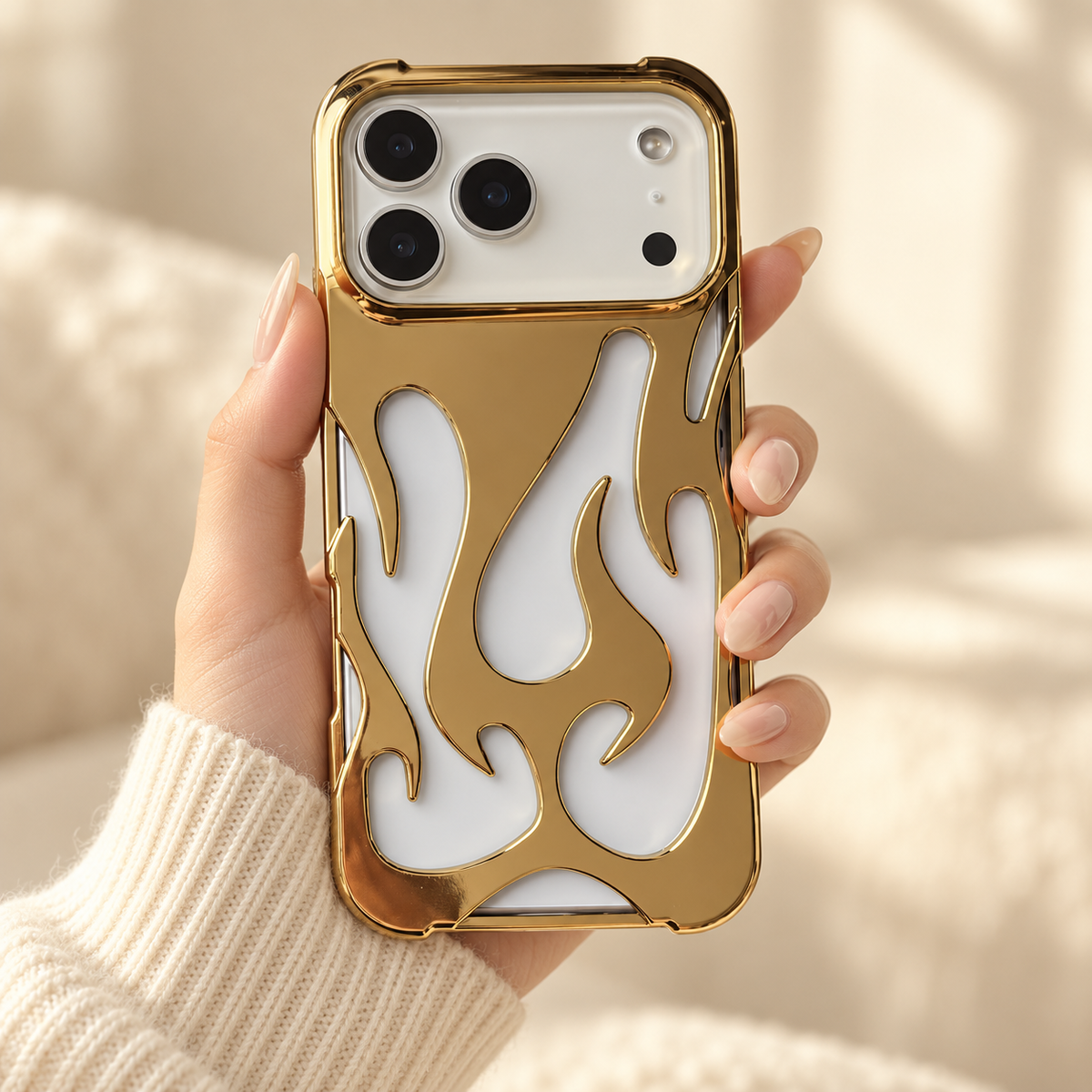 Flame Contrast iPhone Case in Metallic and Black Finishes — Gold, handheld