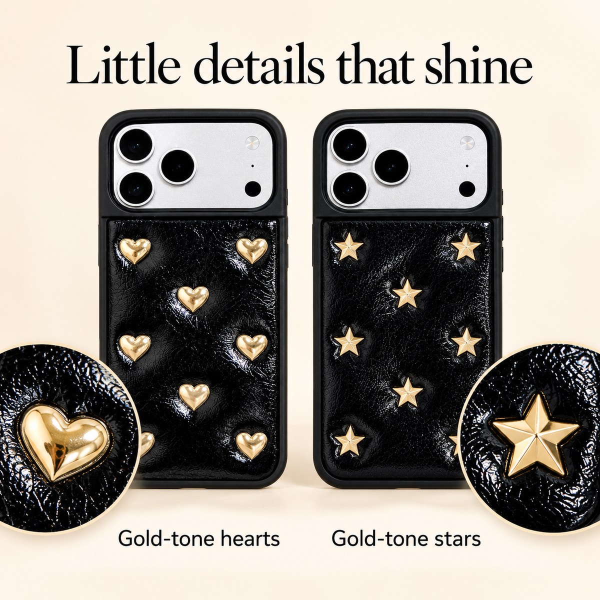 Hearts and Stars iPhone case styles: raised motifs with a golden glow.